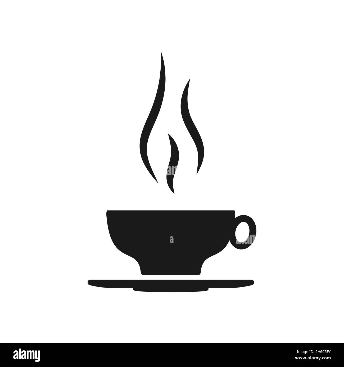 Tazza caffè rottura nero silhouette icona. Logo closeup per il negozio, menu della caffetteria. Semplice espresso con pittogramma glyph con vapore, latte e energia al mattino. Isolato su illustrazione vettoriale bianca Illustrazione Vettoriale