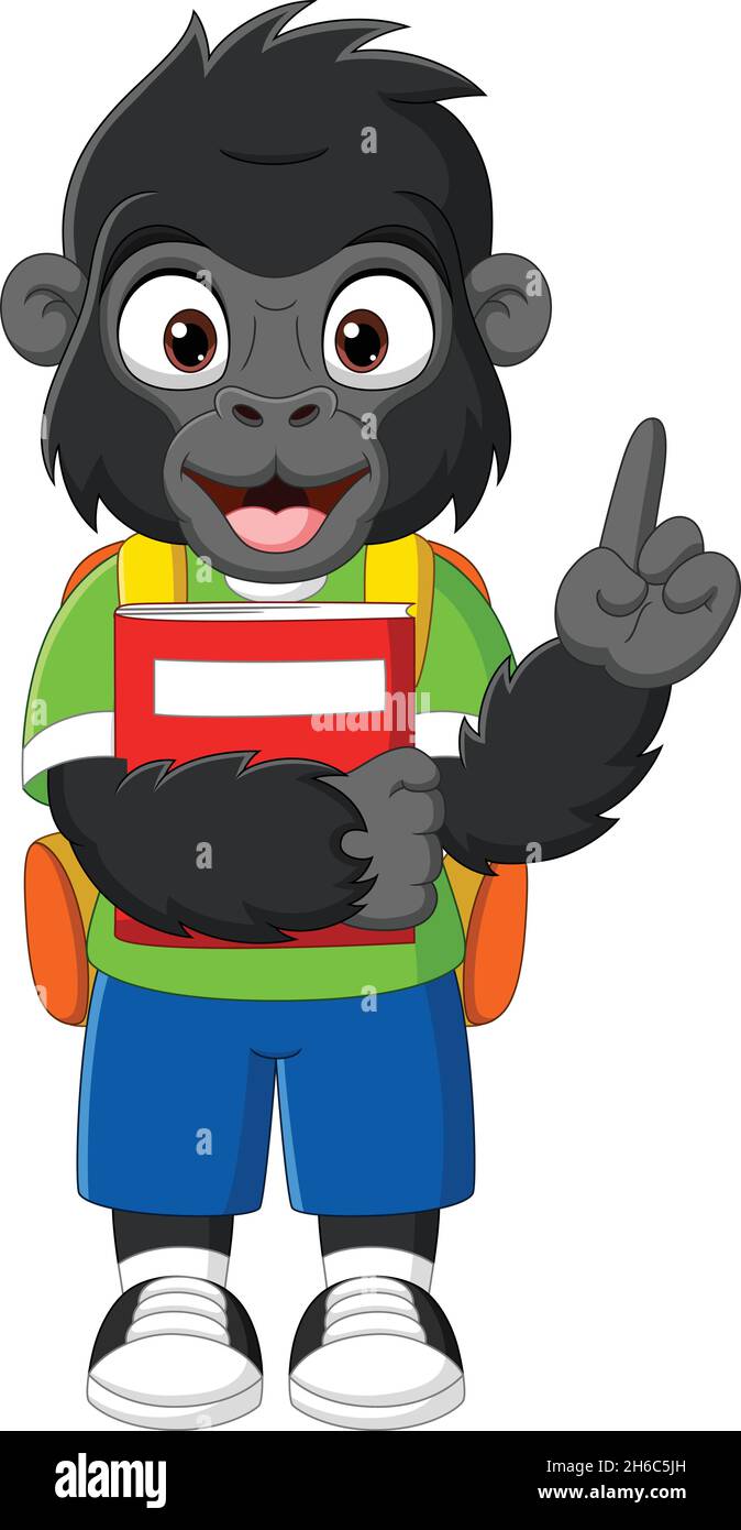 Cartoon gorilla felice con zaino e libro puntato in su Illustrazione Vettoriale