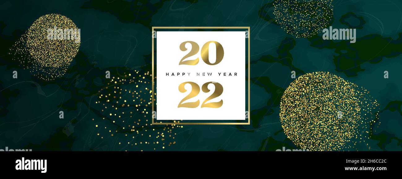 Banner web felice anno nuovo 2022. Sfondo verde in pietra di marmo con glitter oro su superficie liscia in granito marmorizzato per celebrazioni VIP o elega Illustrazione Vettoriale