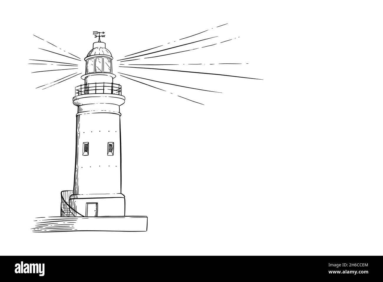 Schizzo del faro. Girofaro con un fascio luminoso. Illustrazione vettoriale isolata su sfondo bianco Illustrazione Vettoriale