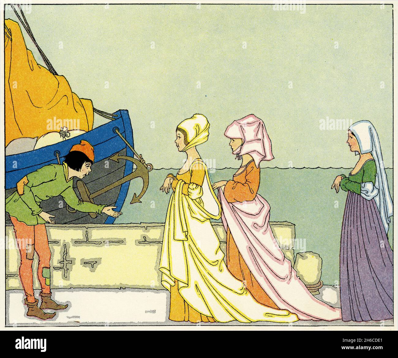 Illustrazione caratteristica della vita tradizionale in Francia, con ricche Signore in visita le navi; pubblicato circa 1927 Foto Stock