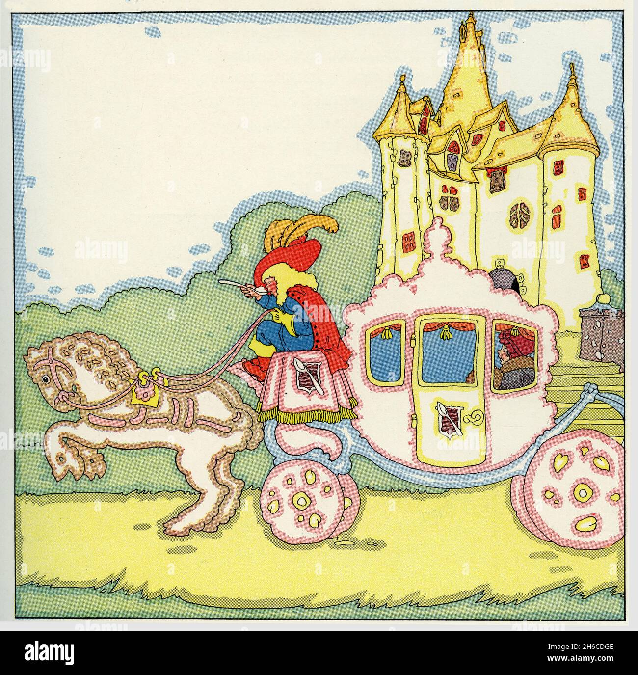 Illustrazione caratteristica della vita tradizionale in Francia, con una carrozza signorile fuori da un castello; pubblicata intorno al 1927 Foto Stock