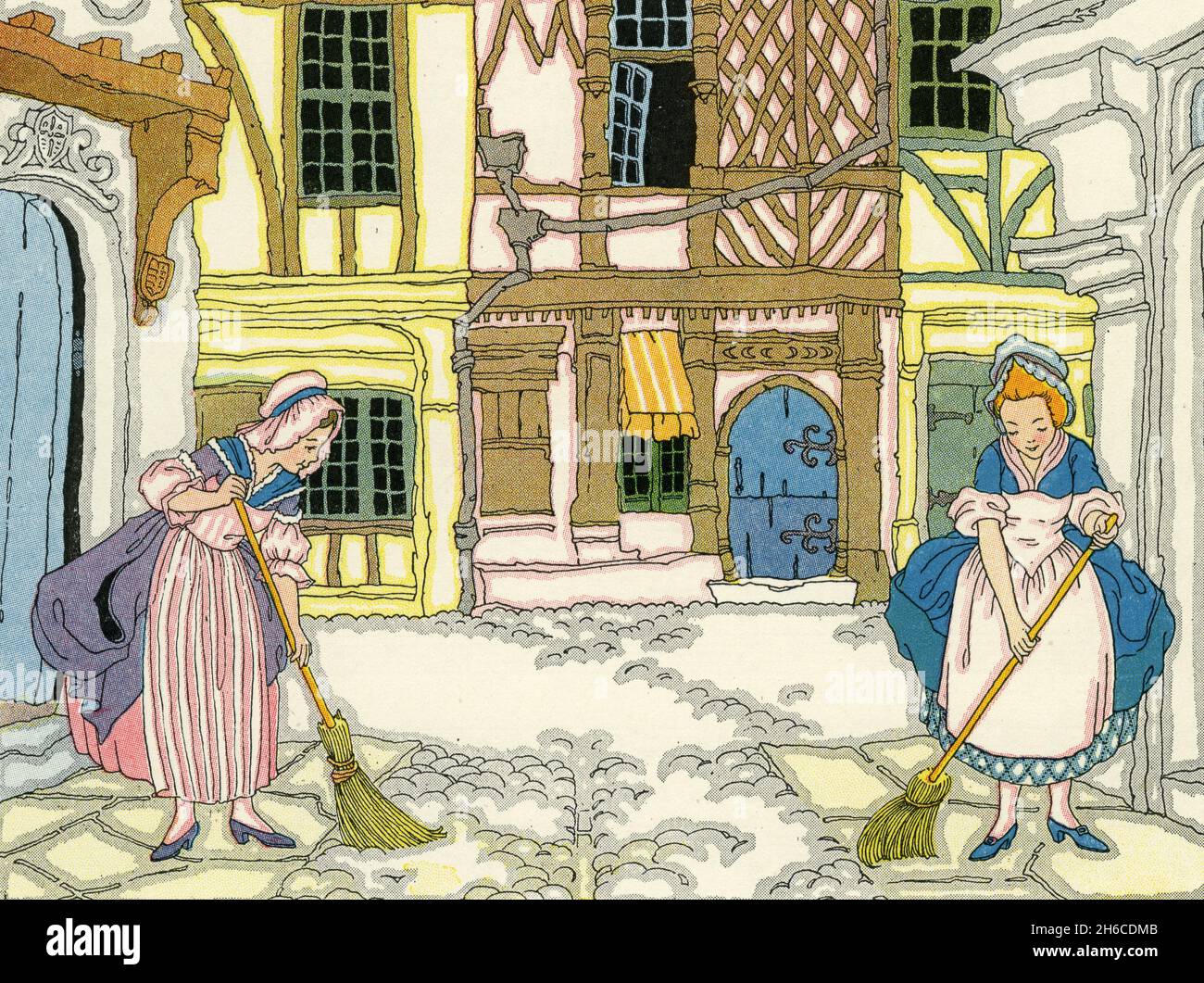 Illustrazione caratteristica della vita tradizionale in Francia, con due ben vestiti ladiessweeping le strade di Parigi; pubblicato circa 1927 Foto Stock