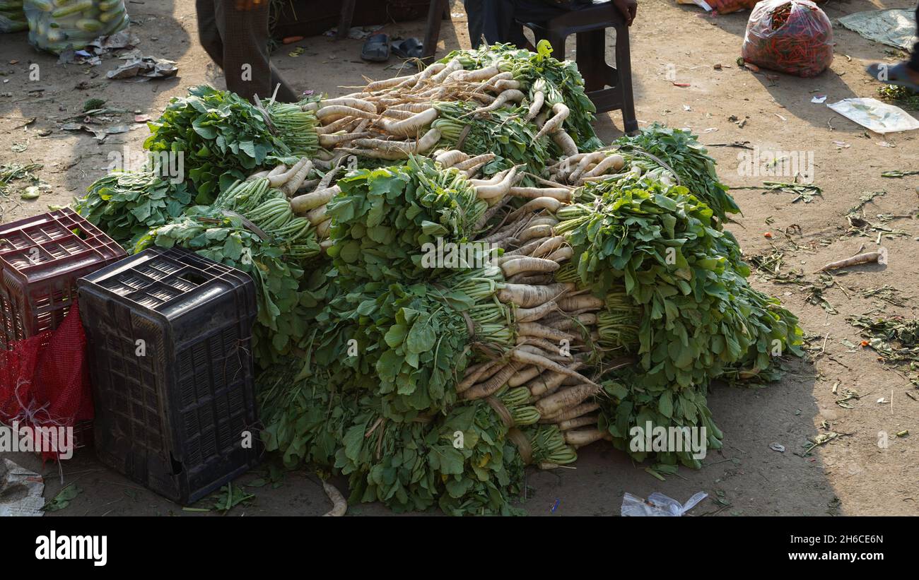 Market Fresh: Un cesto traboccante di croccanti riflessi . Ravanelli a fette sottili, perfetti per insalate e antipasti. Il Peppery Powerhouse. Foto Stock