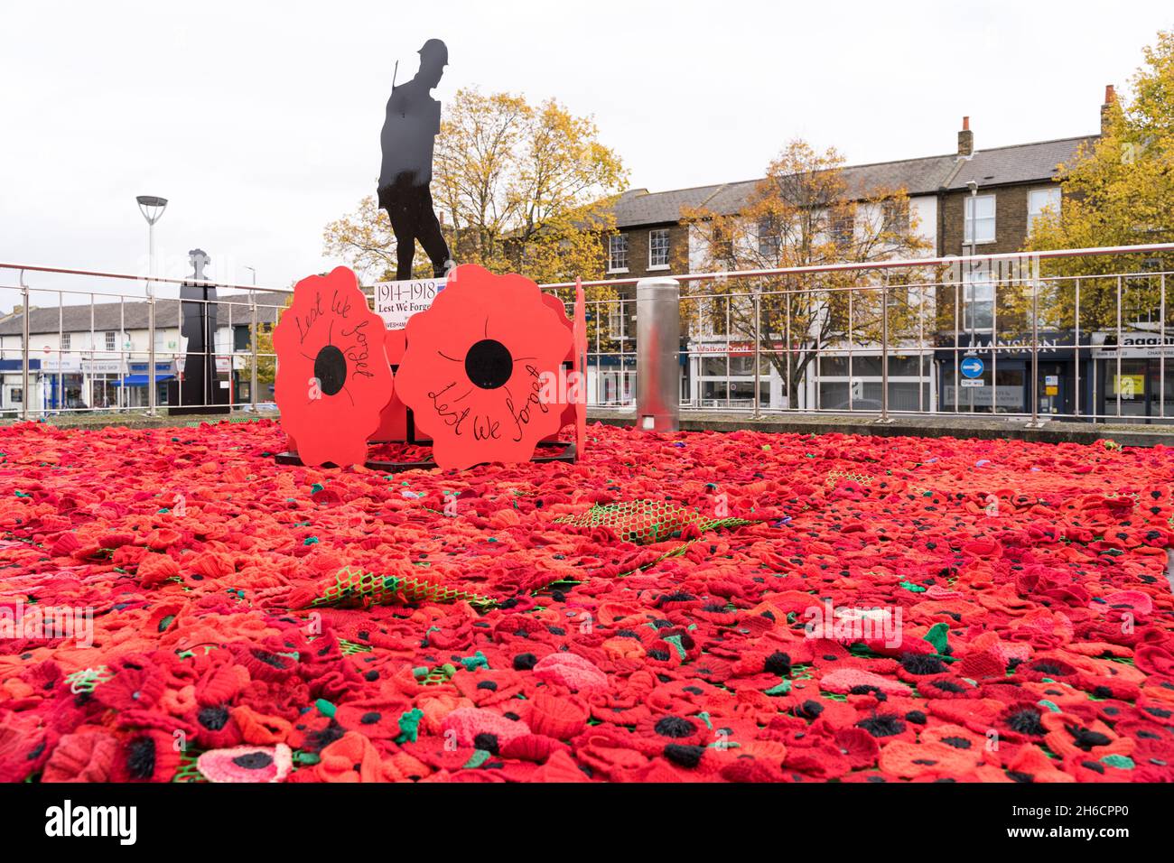 Migliaia di papaveri rossi accovacciati in mostra il giorno dell'armistizio e la domenica del ricordo a Gravesend Kent Inghilterra UK Foto Stock