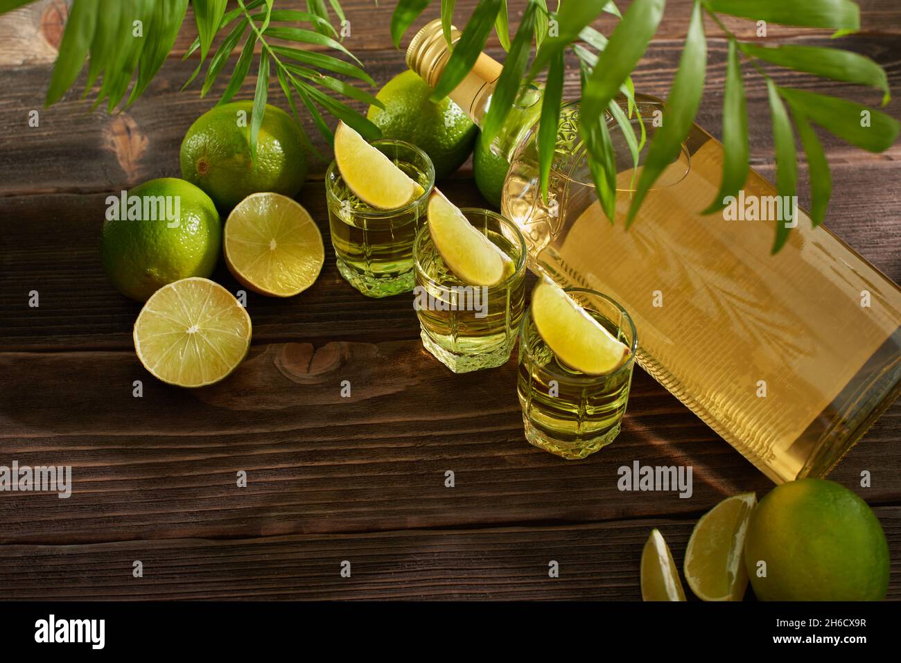 Bottiglia e bicchieri di tequila con calce su un tavolo di legno. Tradizionale bevanda alcolica messicana. Cocktail alcolico con lime. Il gin drink è serv Foto Stock