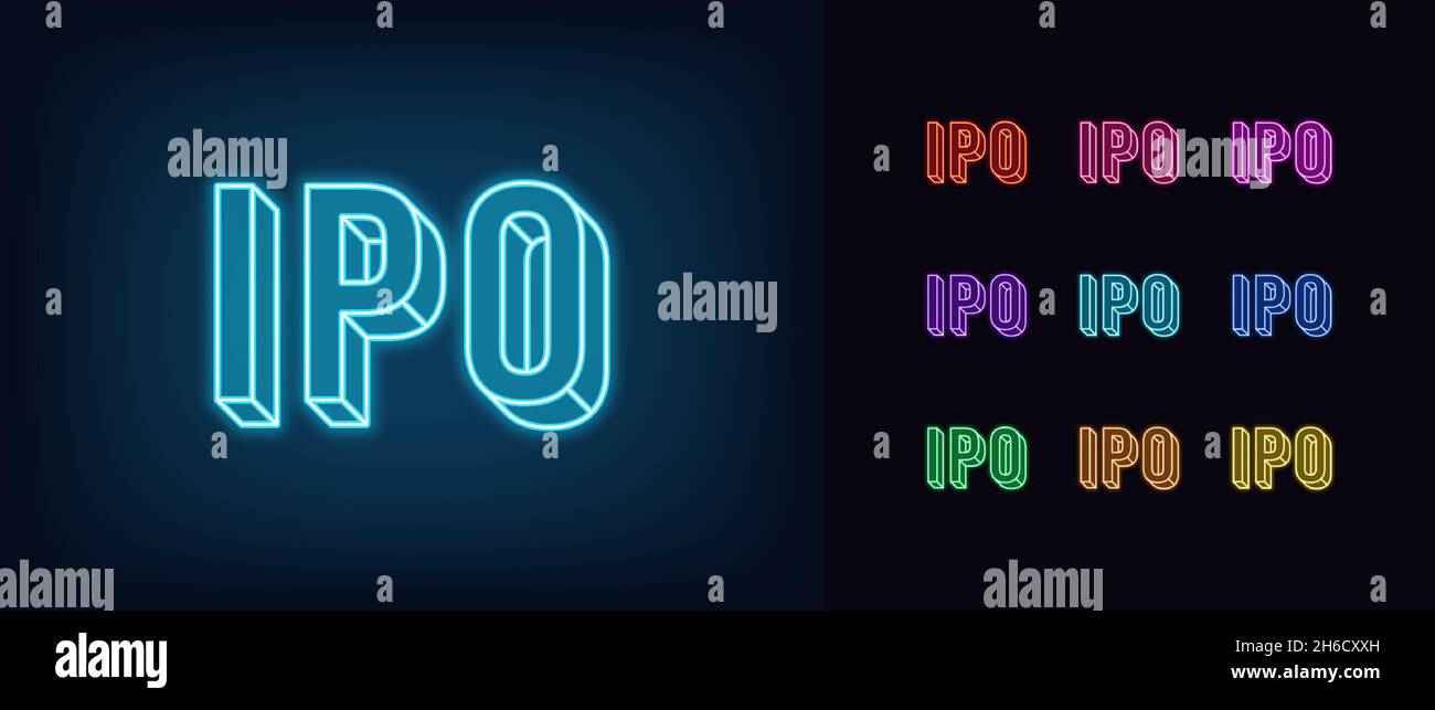 Icona IPO neon outline. Testo IPO isometrico al neon brillante per la borsa in colori vivaci. Offerta pubblica iniziale azioni, investimenti, denaro attratti Illustrazione Vettoriale