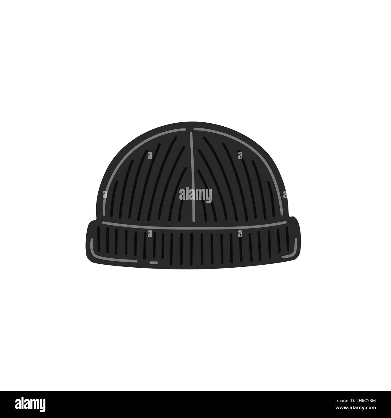 Berretto in maglia nera. Abbigliamento stagionale autunno o inverno. Illustrazione piatta vettoriale Illustrazione Vettoriale
