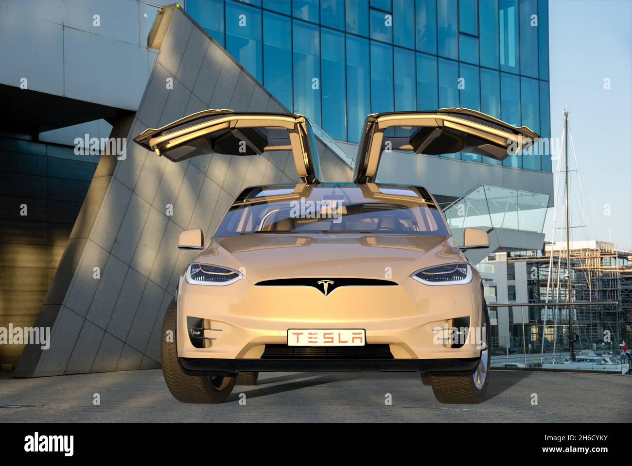 Tesla Model x con porte aperte Foto stock - Alamy