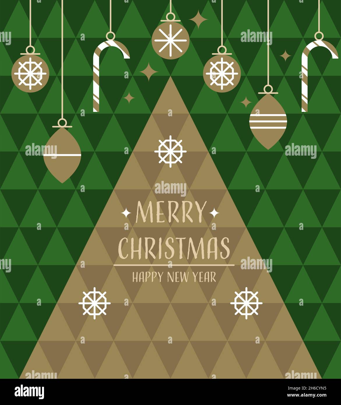 Bellissimo biglietto d'auguri in stile geometrico. Albero di Natale e decorazioni. Sfondo luminoso per un'iscrizione. Concetto di Natale. Illustrazione Vettoriale