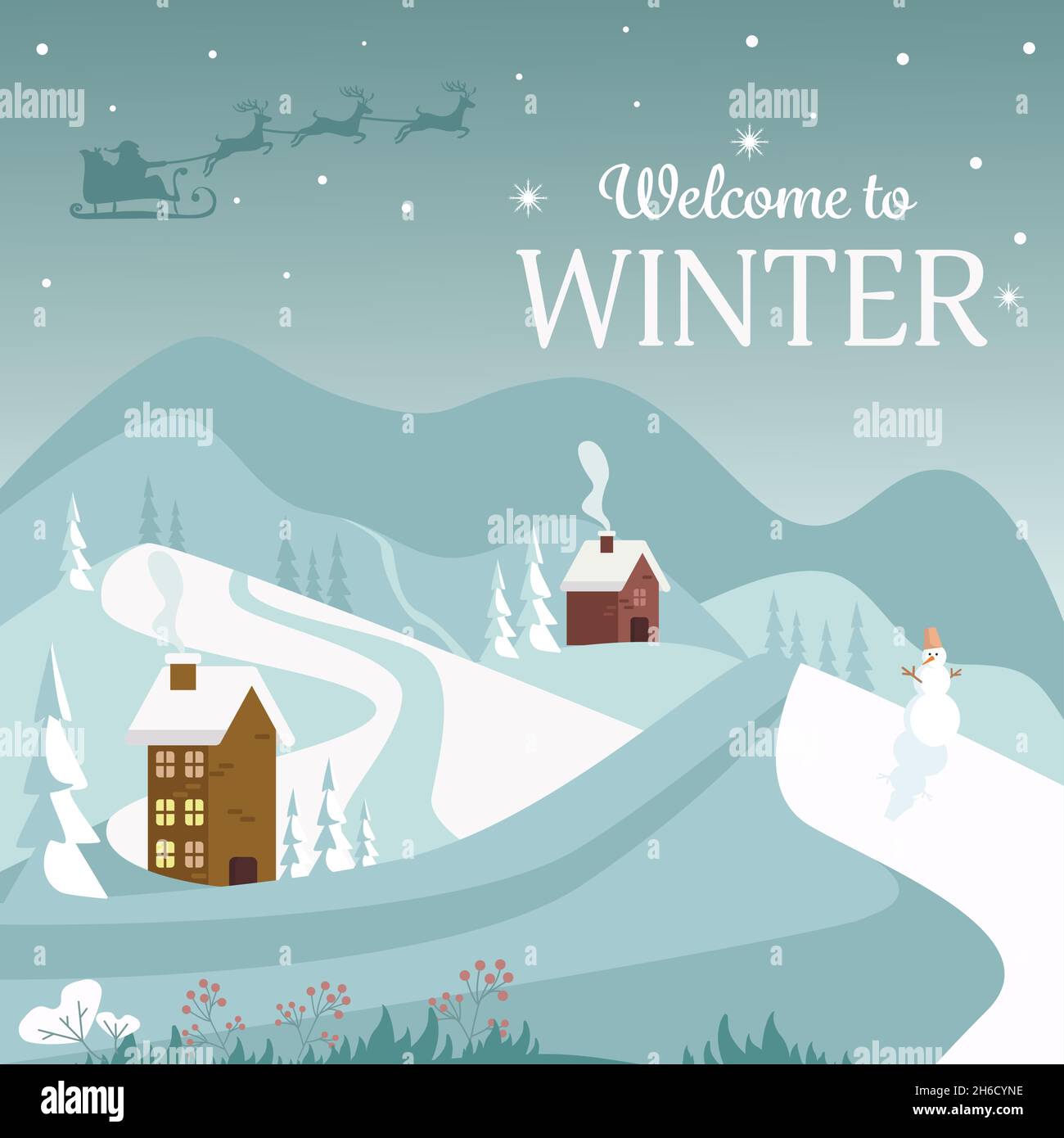 Bellissimo paesaggio invernale con abeti, case, pupazzi di neve e santa con renne. Illustrazione vettoriale. Illustrazione Vettoriale