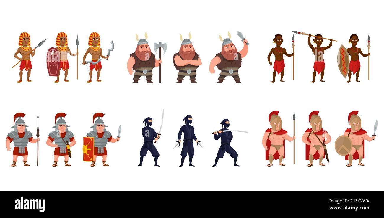 Grande set di guerrieri in diverse pose. Personaggi in stile cartoon. Illustrazione Vettoriale