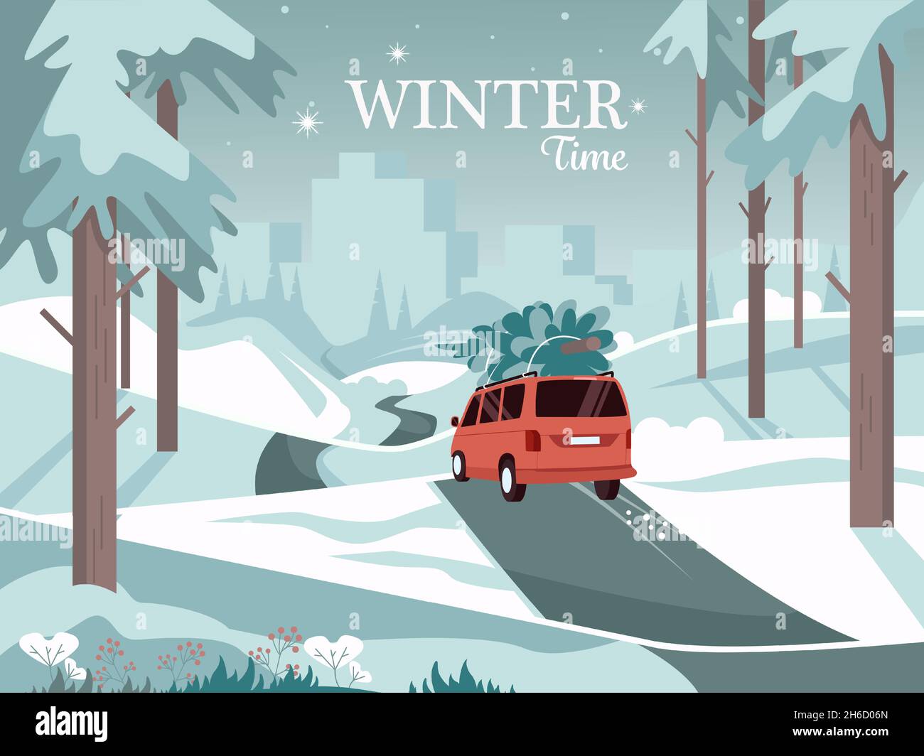 Auto rossa con albero di natale sulla strada. Paesaggio invernale carino. Illustrazione vettoriale. Illustrazione Vettoriale