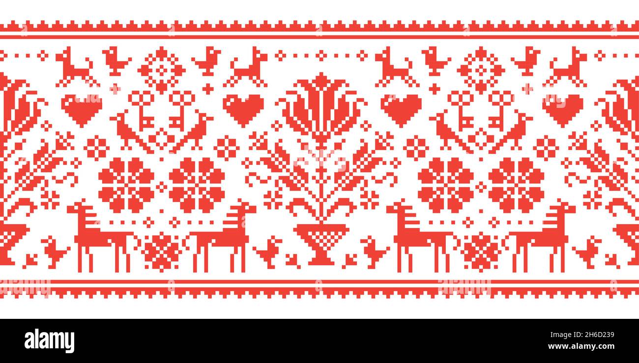 Tradizionale motivo d'arte popolare senza cuciture vettoriale con cavalli, fiori e uccelli - sfondo ripetitivo ispirato da ornam tedesco e austriaco Illustrazione Vettoriale