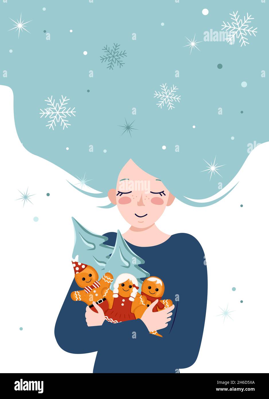 Giovane donna con capelli blu abbraccia decorazioni per Capodanno e Natale di uomini e albero pan di zenzero. La ragazza felice sta aspettando l'inverno. Cartolina delle vacanze Illustrazione Vettoriale