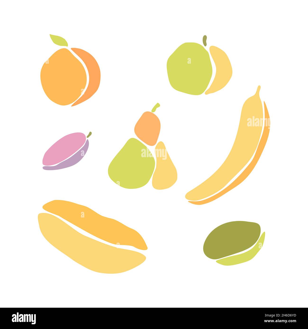 Set di frutta e verdura, stile boho, pezzi di carta tagliati, bordi dentellati. Pera mela kiwi banana melone susina arancio. Isolato, sfondo bianco. Foto Stock