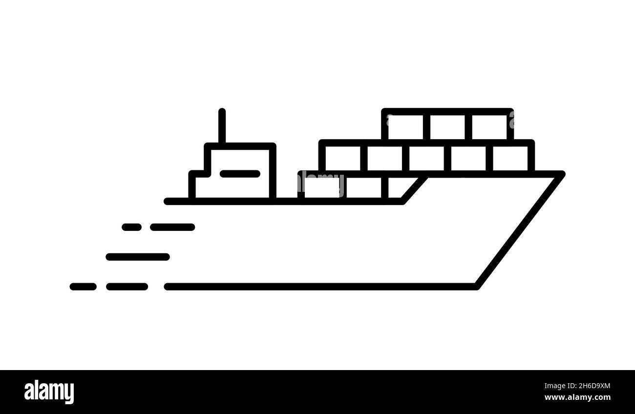 Icona della linea di carico. Nave per il trasporto merci. Concetto di logistica e consegna. Container nave mare. Idea di commercio internazionale. Vettore freighter. Illustrazione Vettoriale