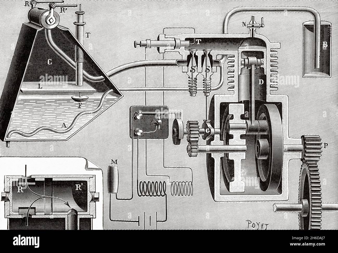 Il triciclo è dotato di un motore a benzina. Triciclo Dion e Bouton. Antica illustrazione del 19 ° secolo inciso da la Nature 1897 Foto Stock