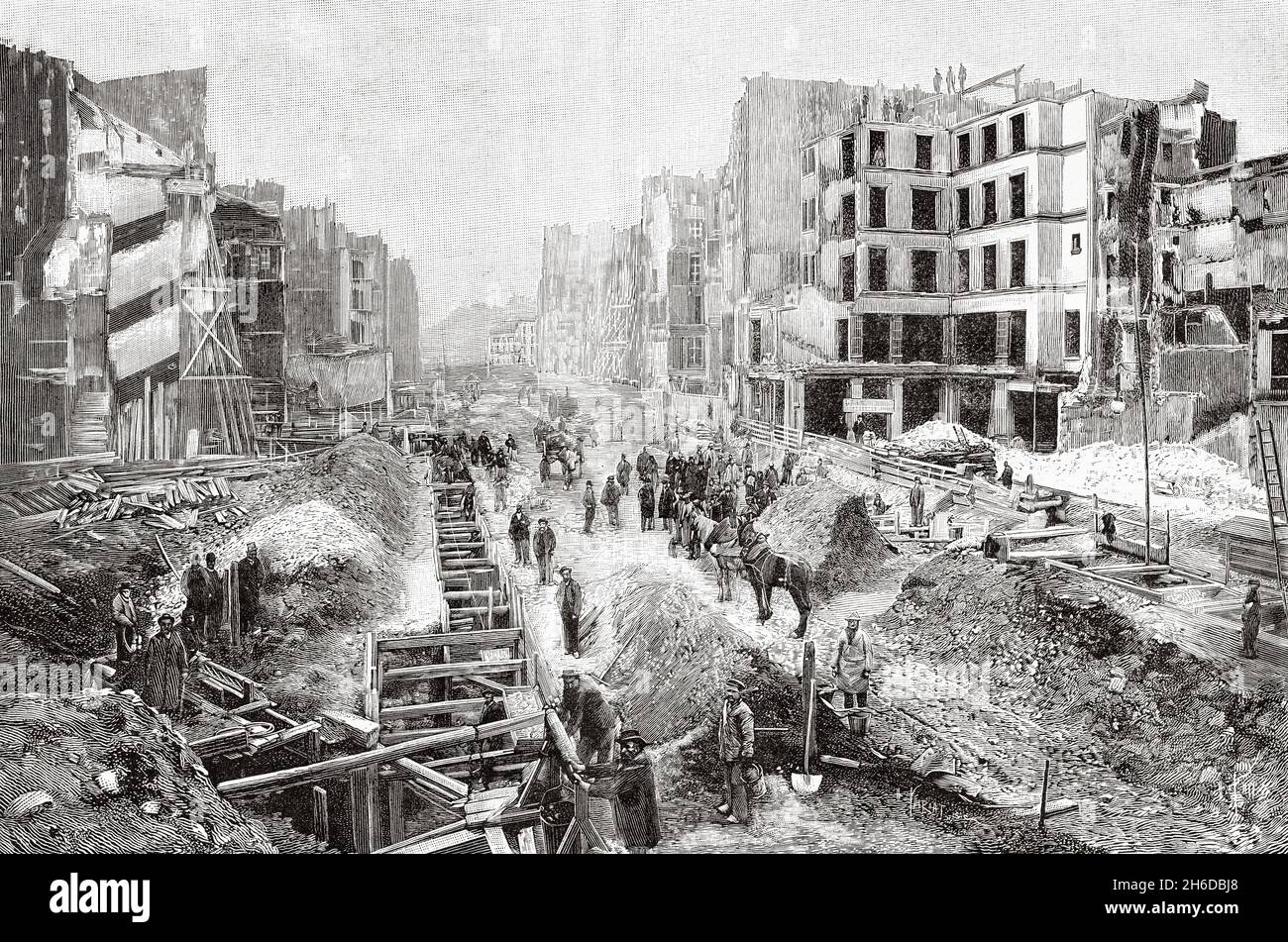 Lavori su rue Reaumur, Parigi. Francia. Europa. Antica illustrazione del 19 ° secolo inciso da la Nature 1897 Foto Stock