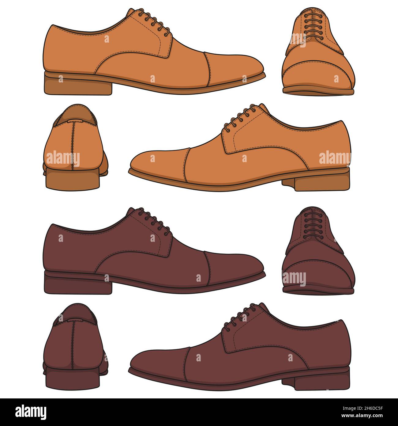 Set di illustrazioni colorate con scarpe classiche da uomo. Oggetti vettoriali isolati su sfondo bianco. Illustrazione Vettoriale