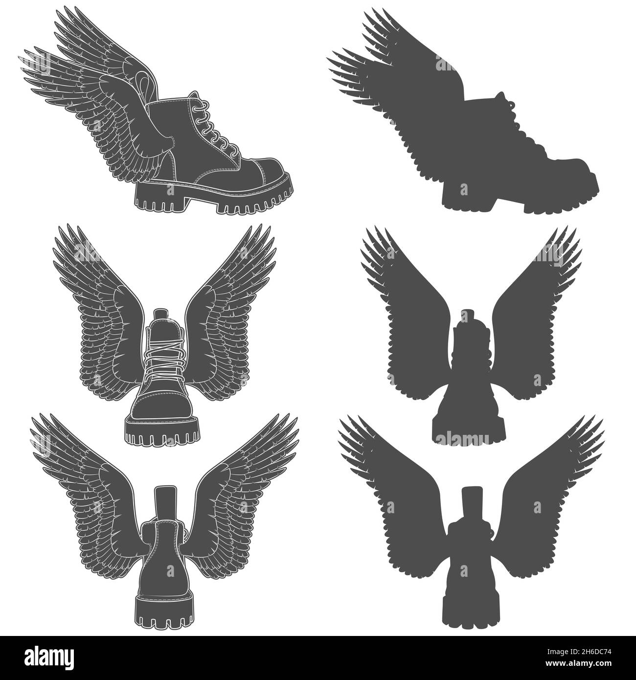 Set di illustrazioni in bianco e nero di stivali con ali. Oggetti vettoriali isolati su sfondo bianco. Illustrazione Vettoriale