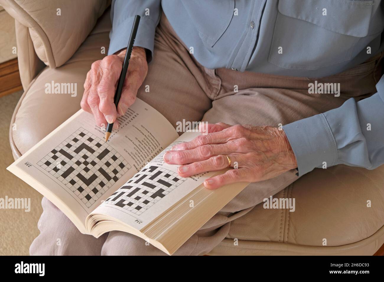 Le mani di una signora anziana che fa un puzzle di cruciverba Foto Stock