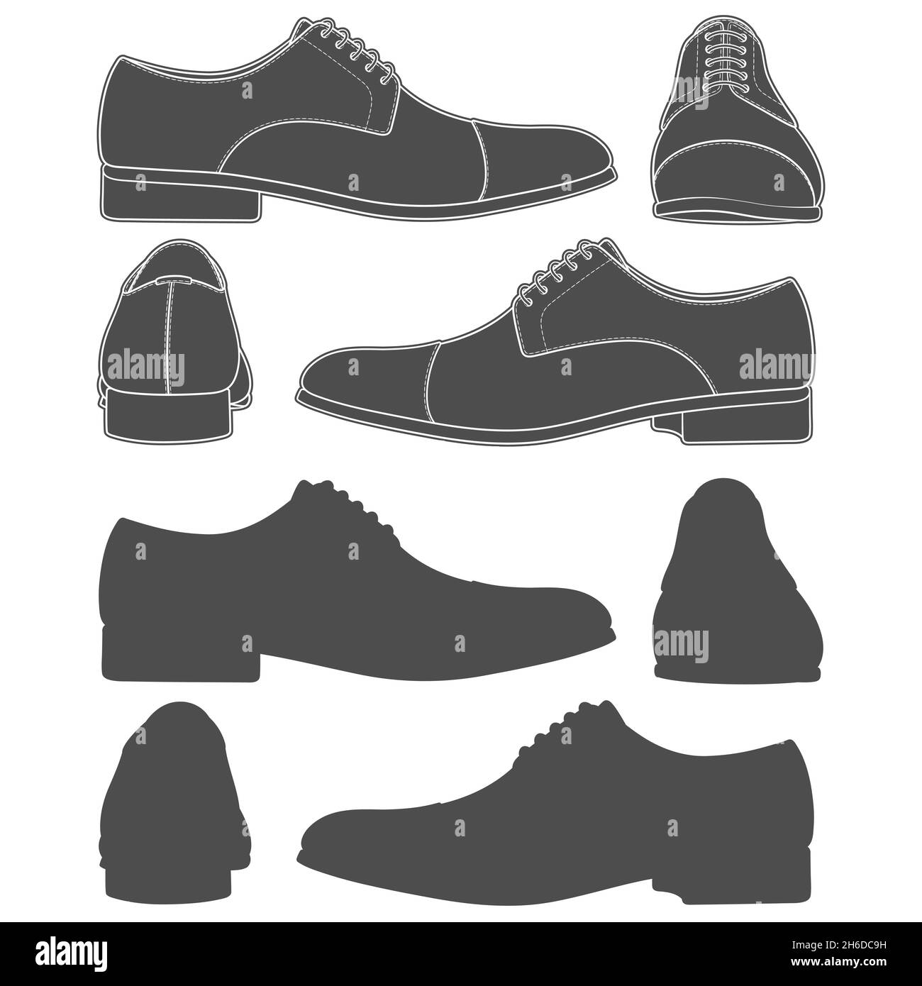 Set di illustrazioni in bianco e nero con scarpe classiche da uomo. Oggetti vettoriali isolati su sfondo bianco. Illustrazione Vettoriale