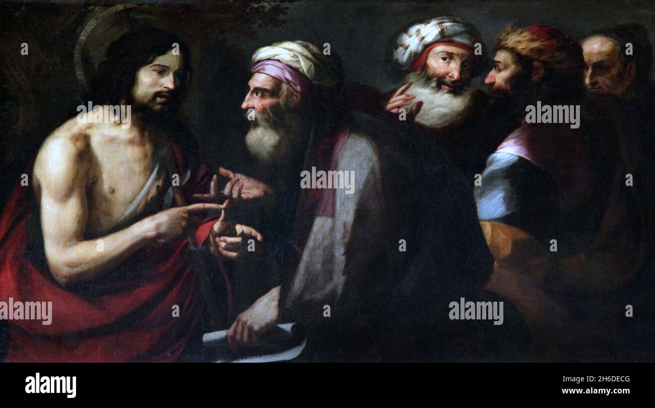 San Giovanni Battista prima del Sanhedrin (in alto a sinistra) (1668) di Sebastián Llanos y Valdés (c.1605–1677) pittore spagnolo del periodo barocco, attivo principalmente a Siviglia. Foto Stock