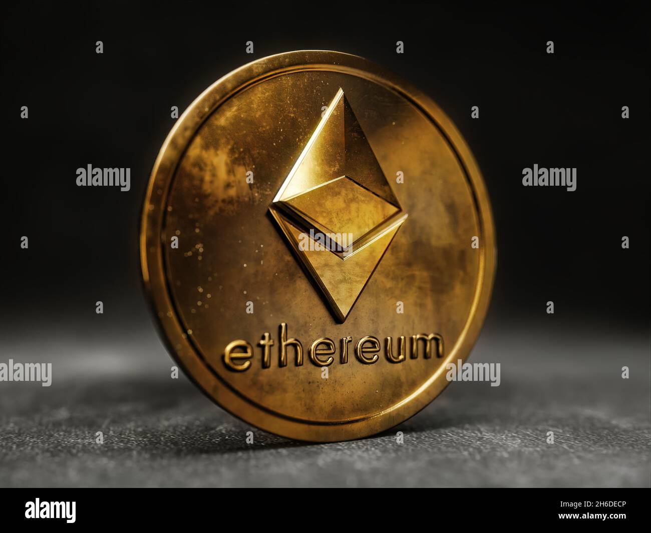 Rendering 3D della moneta Ethereum su sfondo nero Foto Stock