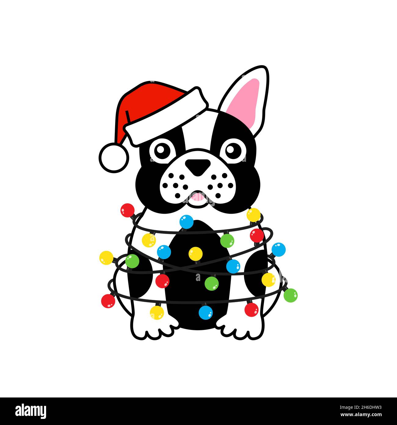 Bulldog francese in Santa Hat aggrovigliato luci di Natale Illustrazione Vettoriale