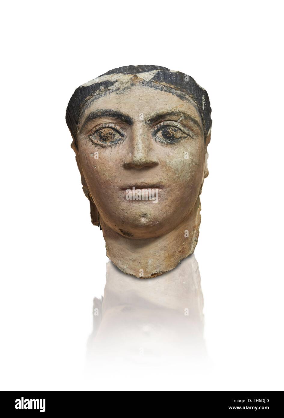 Maschera funeraria in gesso egiziano romana, 200 - 299 d.C., Antinopolis Egitto. Museo del Louvre e 12173. Maschera mummia di una donna (acconciatura romana, bun, trecce, orecchio Foto Stock