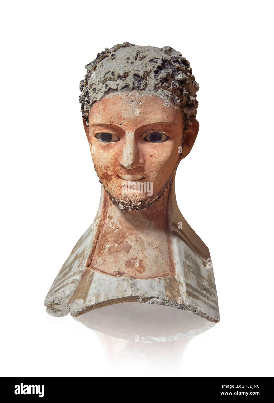 Maschera funeraria in gesso egiziano romana, 200 - 299 d.C., Oasis de Kharga. Museo del Louvre AF6507. Raffigura un uomo, capelli ricci corti, collana di barba, musta Foto Stock