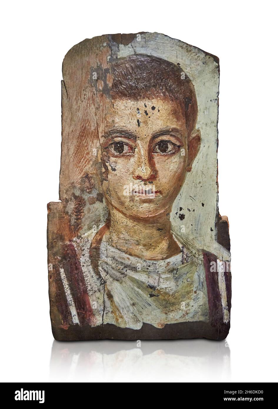Ritratto di mamma di Fayum egiziano romano, 100 - 199 d.C., Antinopolis. Museo del Louvre e 12570. Ritratto mummy di un giovane uomo, capelli corti e tunica. Il portr Foto Stock