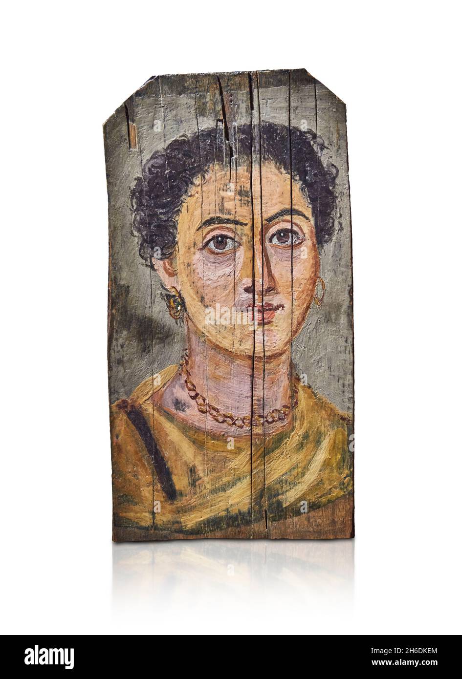 Ritratto di mamma del Fayum romano egiziano, 150 d.C. Museo del Louvre MNC 1694. Ritratto mummy di una donna (busto, ritratto); orecchini; collana; tunica; clavus; c Foto Stock
