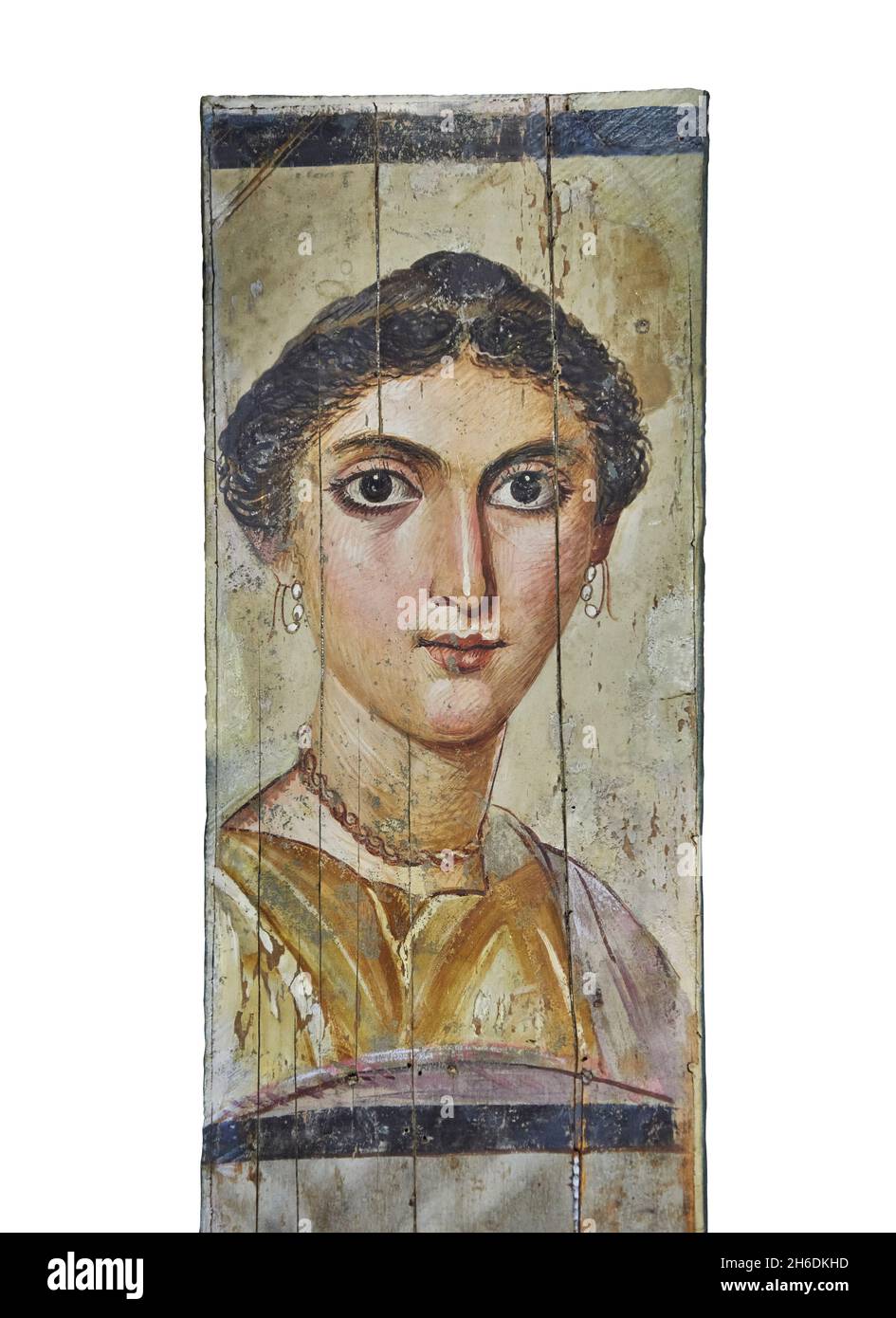 Ritratto mummia di Fayum Egiziano Romano, 138 - 161AD, Saqqara Memphis. Museo del Louvre N 2733. Ritratto mummy di una donna (busto, ritratto); collana, orecri Foto Stock