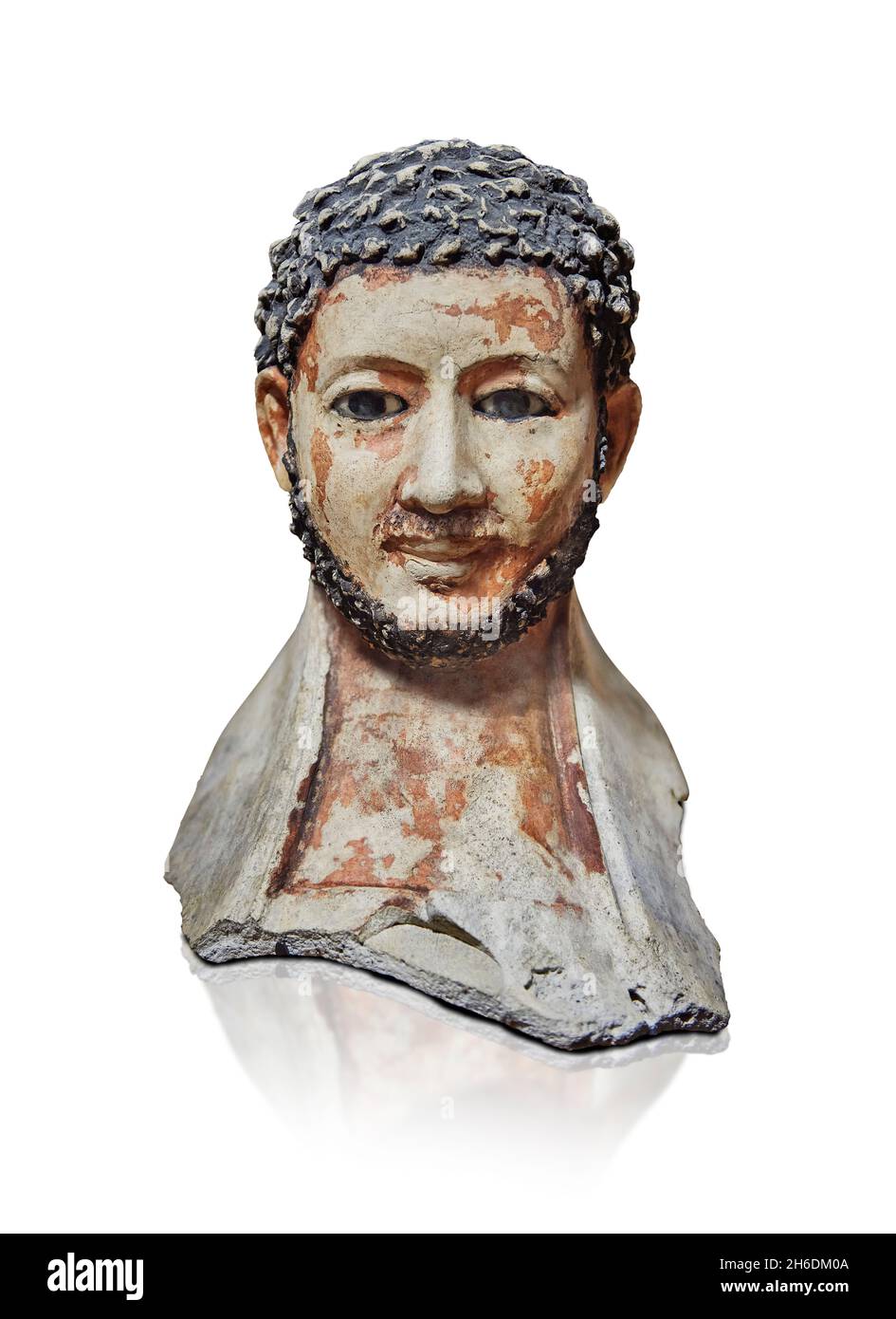 Maschera funeraria in gesso egiziano romana, 200 - 299 d.C., OASIS de Kharga Tanis. Museo del Louvre AF2126. Raffigura un uomo (capelli ricci corti, collana di barba, mus Foto Stock