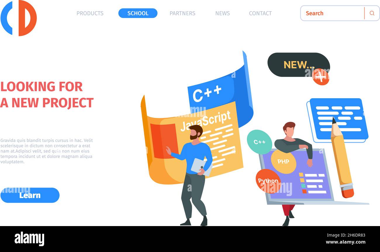 Pagina di destinazione dei programmatori. Modello di pagina web aziendale con designer e codificatori laptop di lavoro codice e script di scrittura garish vettore immagine con posto Illustrazione Vettoriale