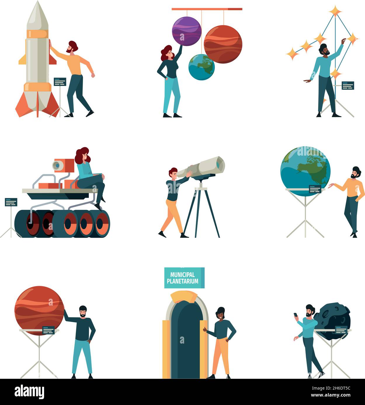 Planetario. Interni Museo per le persone educazione processi di innovazione in sistemi solari spazio universo Garish vettore illustrazioni set isolato Illustrazione Vettoriale
