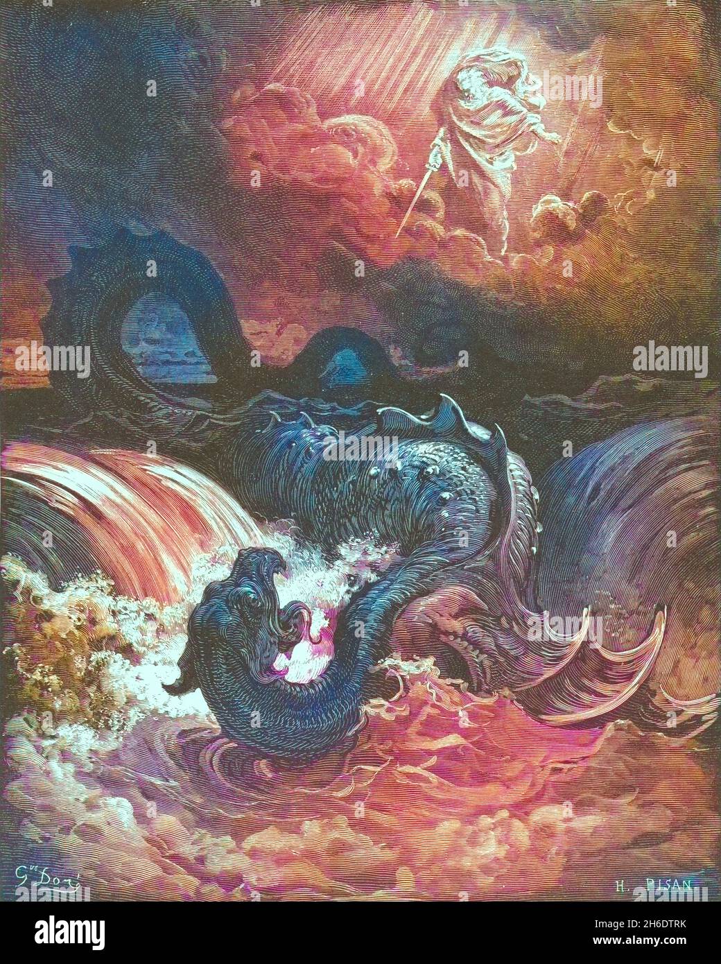 [Machine Colored] la distruzione di Leviathan Isaia 27:1 dal libro 'Bible Gallery' illustrato da Gustave Dore con memoria di Dore e lettera descrittiva di Talbot W. Chambers D.D. Pubblicato da Cassell & Company Limited a Londra e contemporaneamente da Mame a Tours, Francia nel 1866 Foto Stock