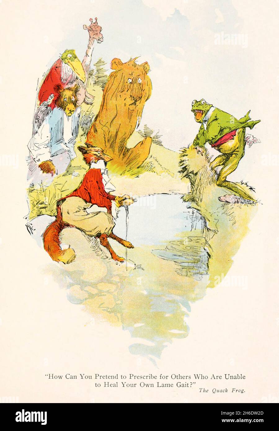 Come si può pretendere di prescrivere per gli altri, che non sono in grado di guarire il proprio Lame Gait? [The Quack Frog] dal libro " le favole di Aesop " tradotto dal greco e adattato da George Fyler Townsend, illustrato da J. M. Condé, pubblicato a Londra da Grant Richards nel 1905 Foto Stock