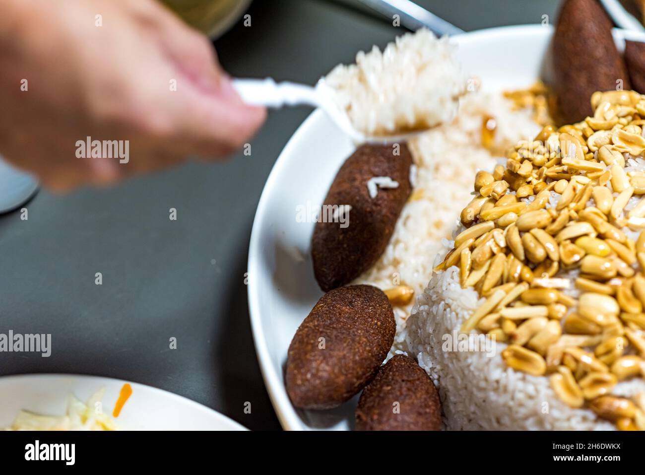 Maqluba, Pilaf, Kibbeh, KUBBEH. Cucina tradizionale araba e turca. Molto popolare in Medio Oriente. Foto di alta qualità Foto Stock
