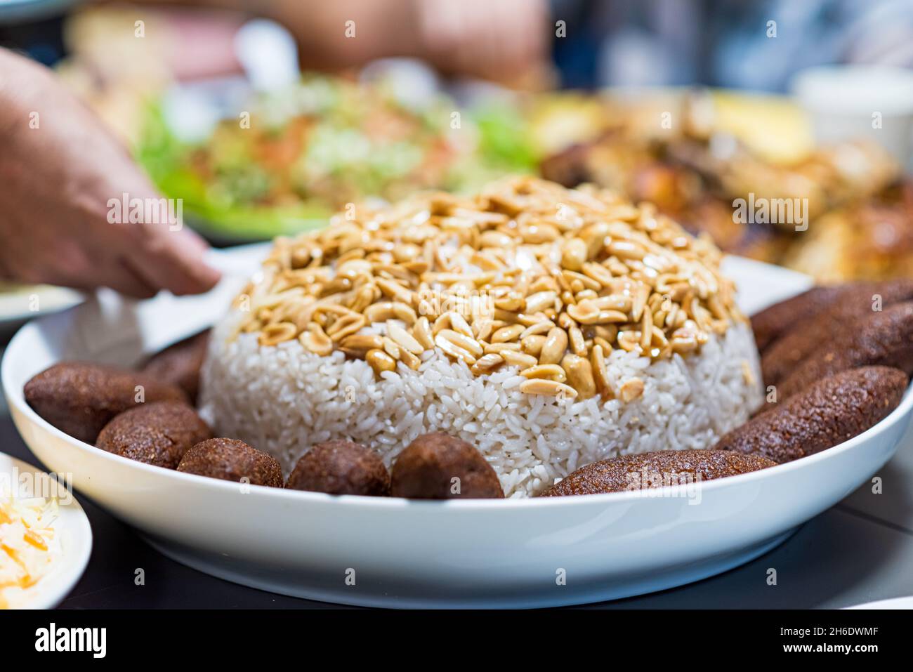 Maqluba, Pilaf, Kibbeh, KUBBEH. Cucina tradizionale araba e turca. Molto popolare in Medio Oriente. Foto di alta qualità Foto Stock