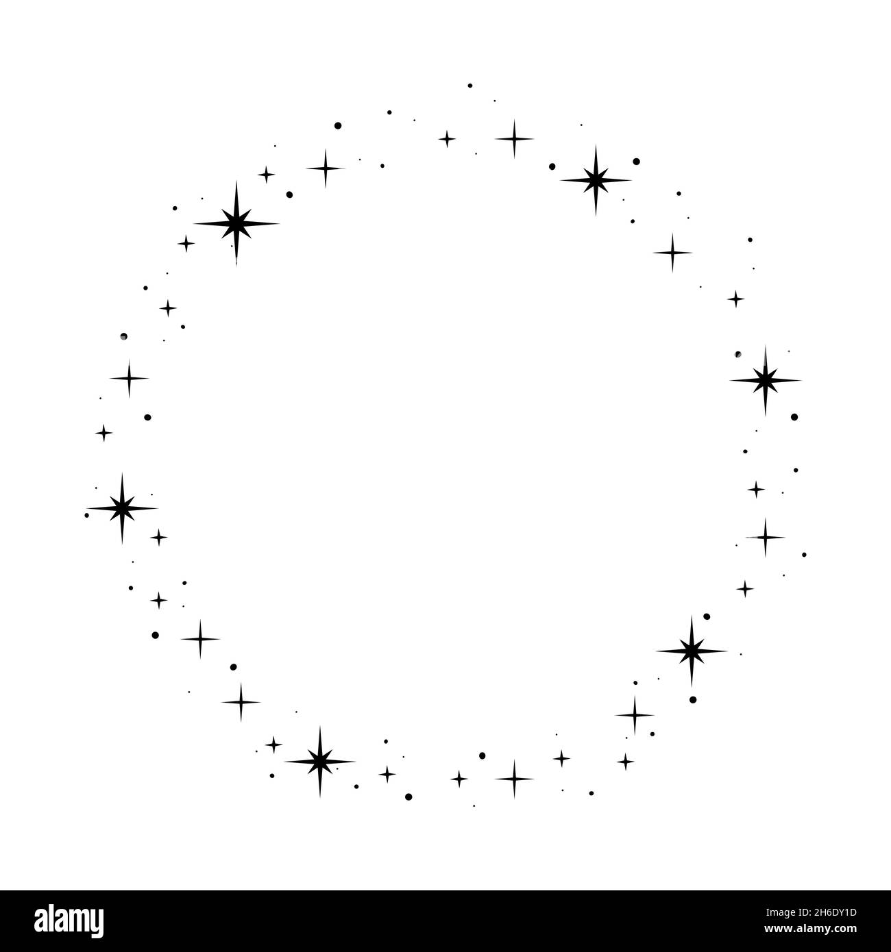 Cornice a stella scintillante. Corona rotonda Stardust bordo per festa, design arredamento compleanno. Telaio Laurel con brillantezza cosmica. Illustrazione del vettore piatto nero isolato. Illustrazione Vettoriale