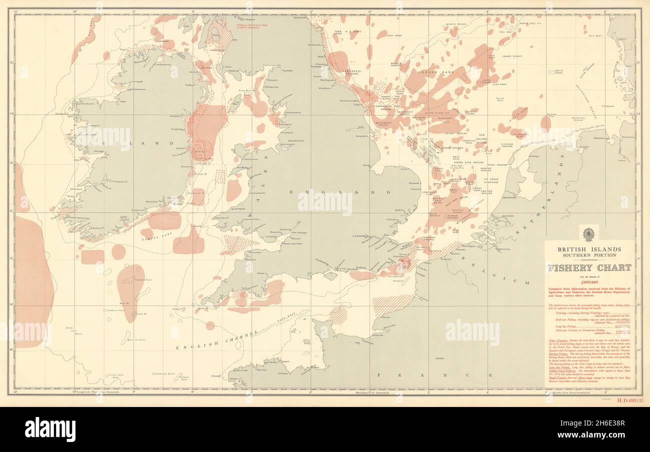 British Isles South January Fishery Chart English Channel North Sea 1953 map Foto Stock