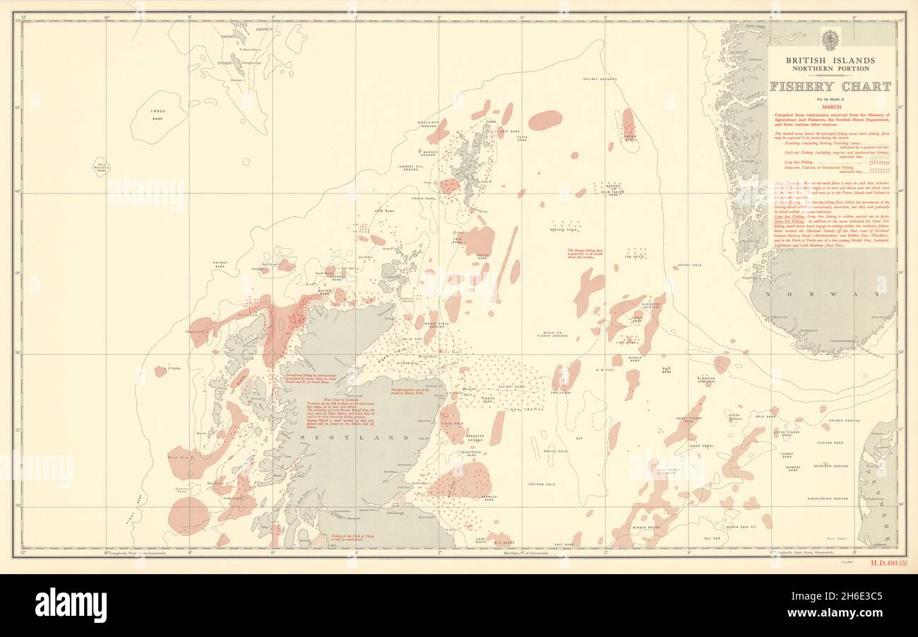 British Isles North March pesca grafico Scozia Mare del Nord Atlantico 1953 mappa Foto Stock