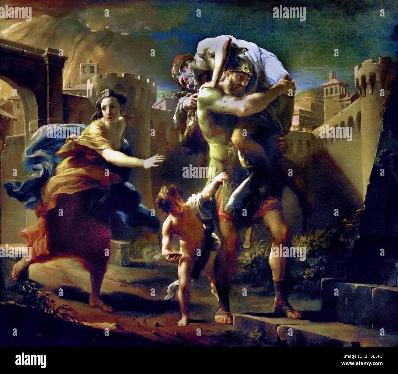 Enea fugge da Troia 1754 - 1757 Batoni Pompeo, Lucca 1708 - Roma 1787, Italia, italiano, ( sapendo che era inutile difendere la città ardente di Troia, caduta di Troia, e fuggì in Italia, Enea fuggì con il suo vecchio padre Anchises alle spalle. Anchise portava i penati. (dèi della casa). Enea tenne per mano suo figlio Ascagna. Sua moglie Creusa seguì alcuni passi dietro .ma fu persa nella confusione della battaglia. ) Foto Stock