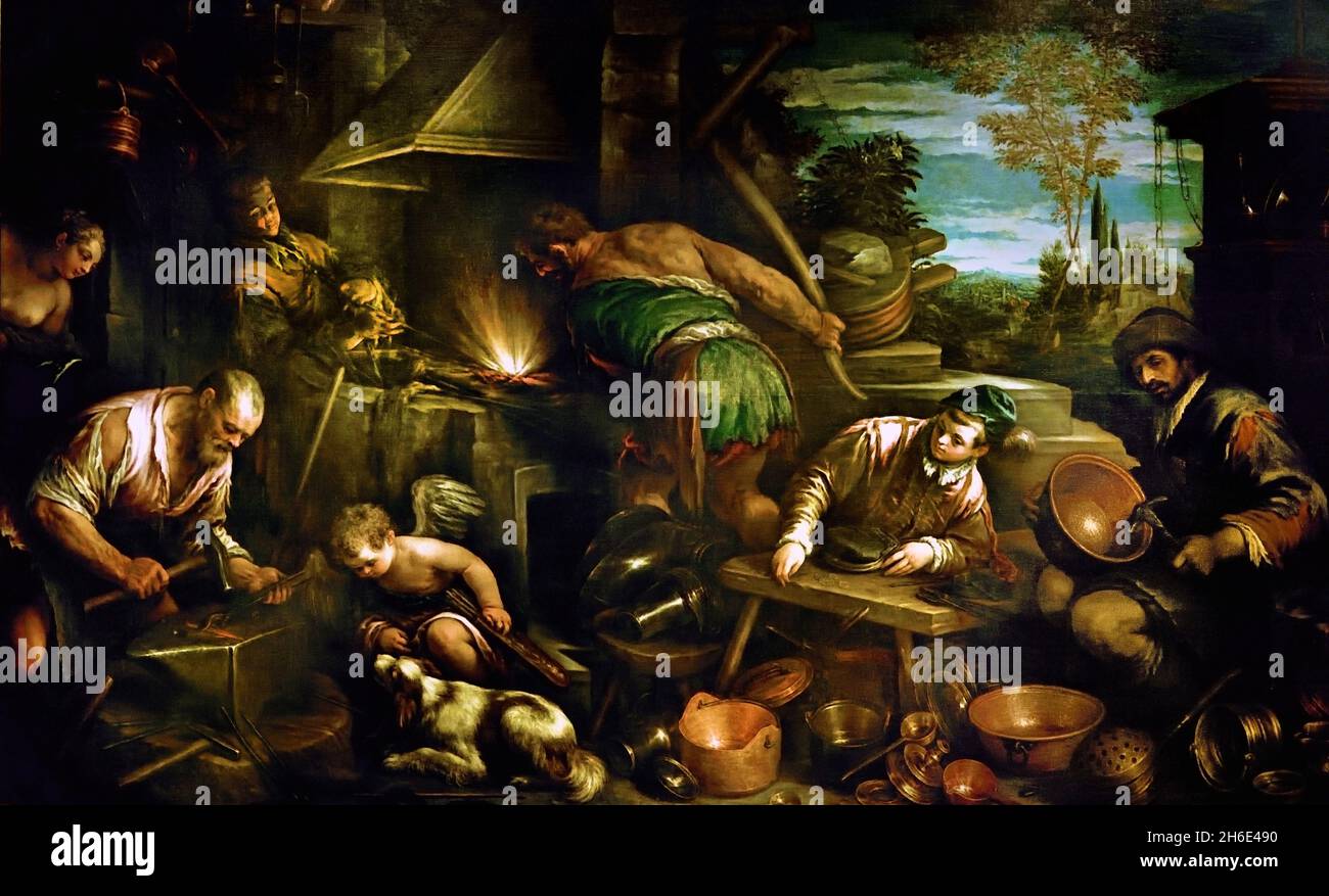 Tetis nella fucina di Vulcan 1575 di da Ponte Francesco detto Bassanino, 1549/1592 Italia, italiano, Vulcan è il dio del fuoco, mitologia romana. L'equivalente greco è il dio Efesto, è figlio di Giove e Giunone, marito di Venere, Foto Stock