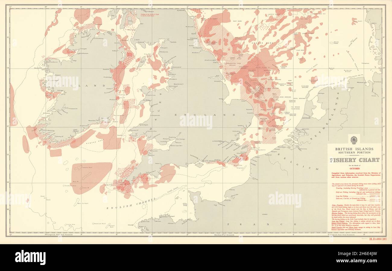 British Isles South October pesca grafico English Channel North Sea 1953 mappa Foto Stock