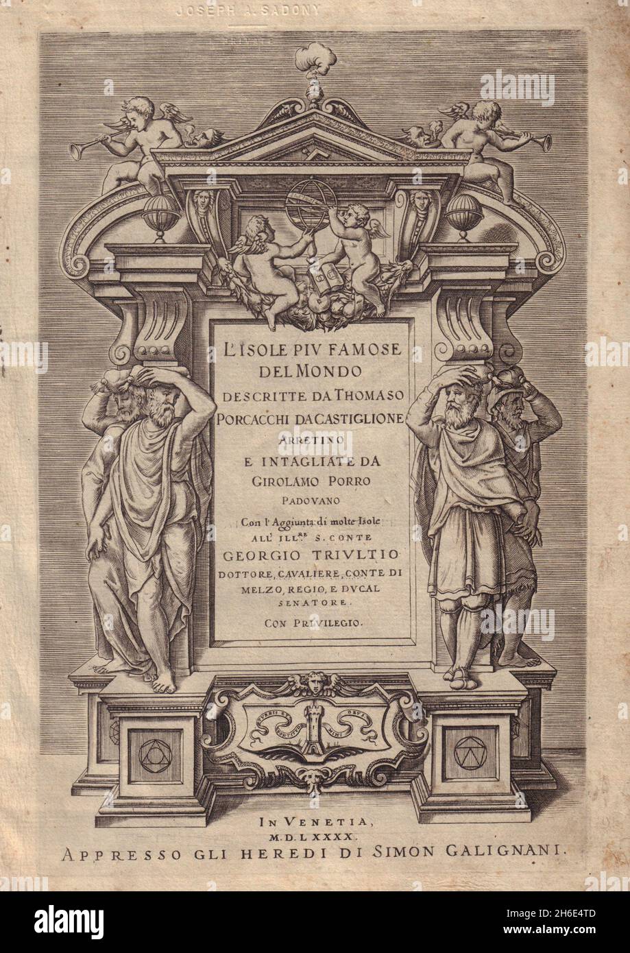 Pagina del titolo. L'Isole PIU Famose del mondo, Venezia. PORCACCHI 1590 vecchia mappa Foto Stock