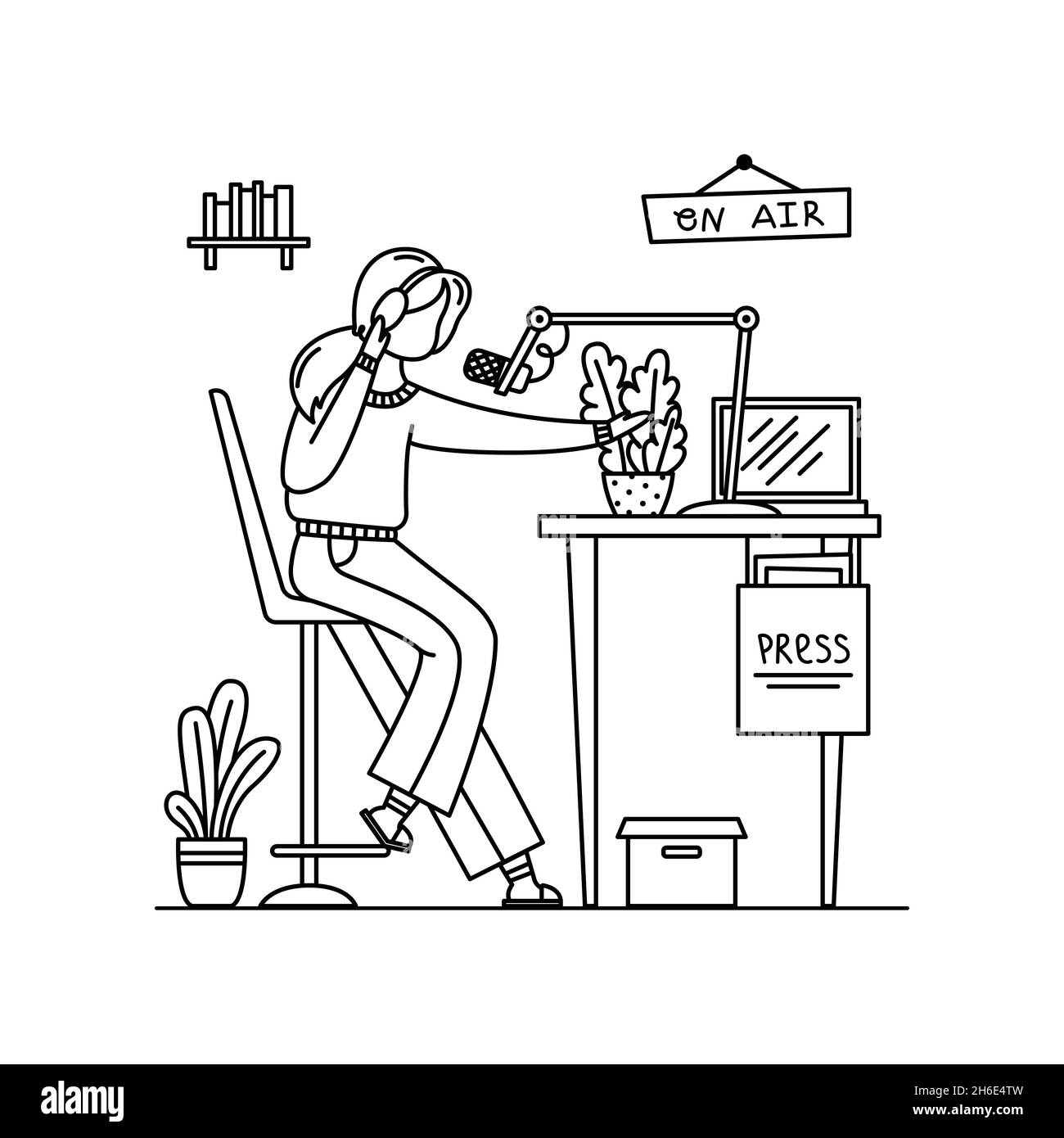 Illustrazione vettoriale di una ragazza che registra un podcast in uno studio domestico. Il blog. Una professione moderna. Illustrazione del contorno Illustrazione Vettoriale